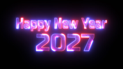 Happy new year 2027 glowing neon typography against a dark black background with celebration © Pro Motion