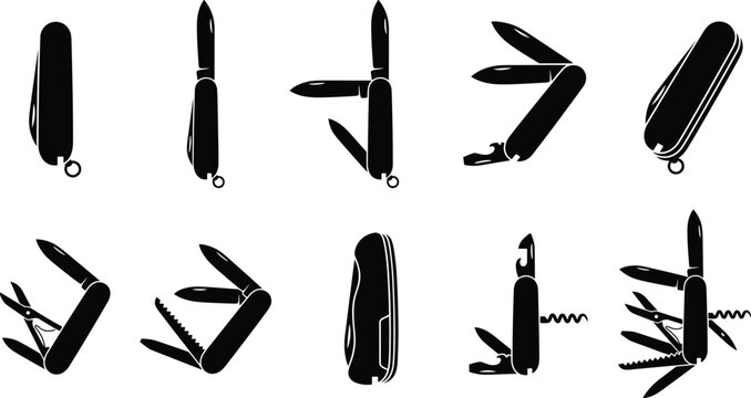 Pocket knife and folding multitool survival gear icon set, outdoor camping utility blade equipment, versatile jackknife hardware symbol, vector silhouette collection