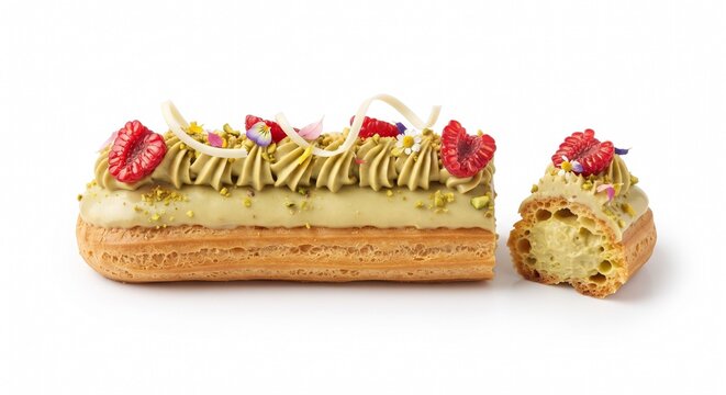 Gourmet pistachio eclair decorated with fresh raspberries, pistachio cream, white chocolate curls, and edible flowers on a clean white background