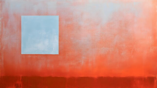 A pale blue rectangle floats within a soft red orange background