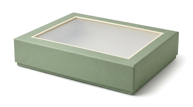 A flat rectangular sage green gift box with a clear plastic window lid for displaying retail items. frosted window packaging