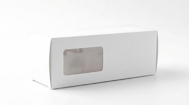 Small white cardboard paper box with a clear plastic window for retail food and product packaging. frosted window packaging