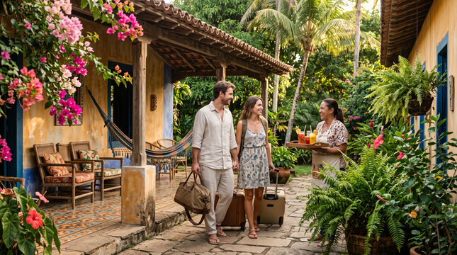 Couple Arriving at Tropical Resort greeted by Staff with Refreshments