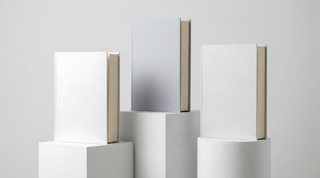Three blank hardcover books standing on pedestals for mockup display in a minimal studio setting. 3 book mockup