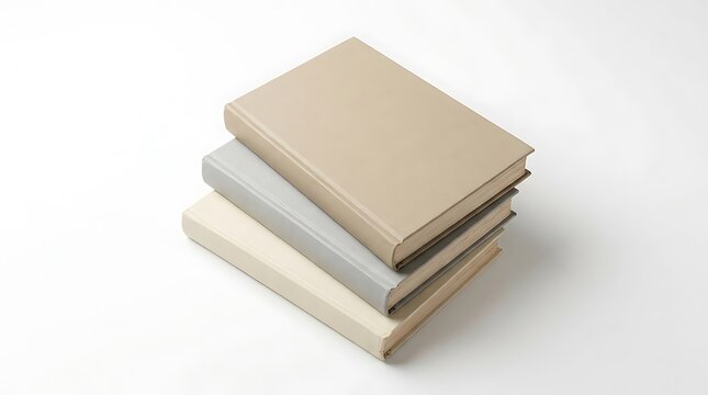 A small stack of three clean hardback books with neutral beige and grey covers for study and reading. 3 book mockup