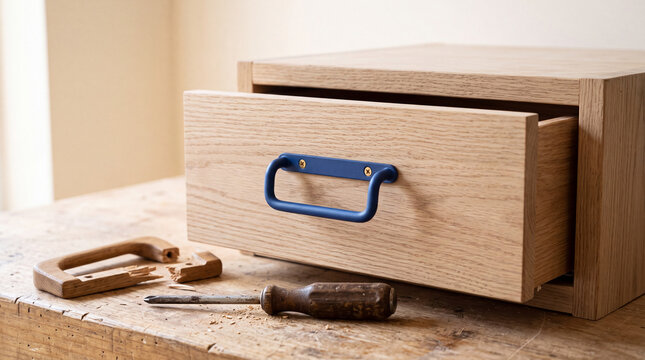 Wooden drawer with a blue handle and furniture repair tools
