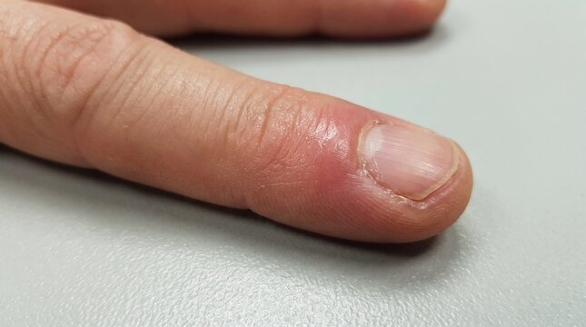 Acute Paronychia, Inflamed Nail Fold with Localized Redness and Swelling Around Fingernail, Clinical Medical Close-Up