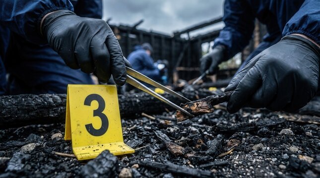 Numbered evidence markers are visible as forensic investigators collect evidence from charred building rubble at a fire scene