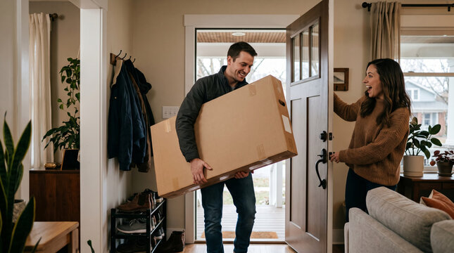 Man carrying large cardboard box into home greeted by excited woman at doorway
