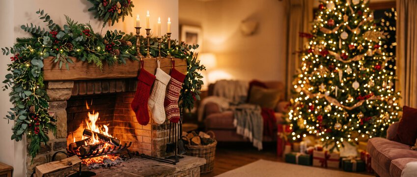 Cozy Christmas Living Room Scene with Fireplace, Stockings, and Decorated Tree
