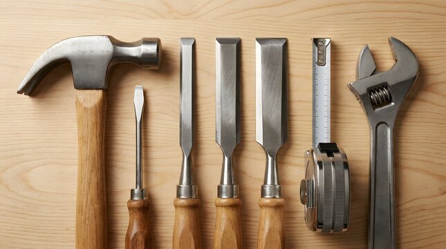 Professional carpentry hand tools including hammer chisels and tape measure arranged neatly on wooden workbench background with soft studio lighting for craftsmanship and diy renovation concept
