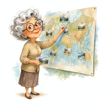 Funny Grandma Pinning Postcards on World Map with Proud Grin