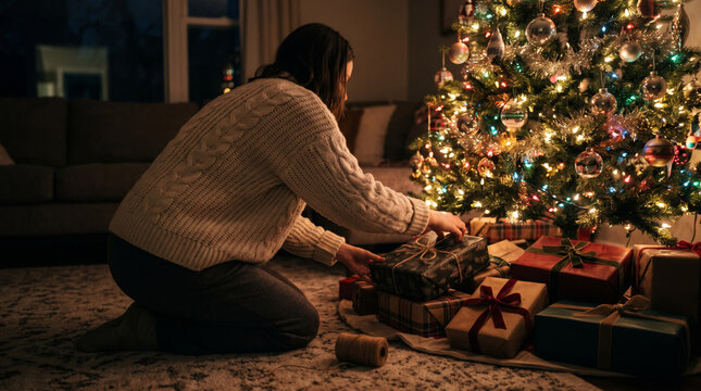 Woman kneeling by a decorated Christmas tree arranging presents on the floor in a cozy living room at night