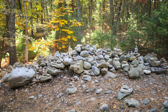 Stone Cairns and Memorial Piles at Henry David Thoreau Cabin Site in Walden Pond Woods