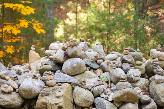 Stone Cairns and Memorial Piles at Henry David Thoreau Cabin Site in Walden Pond Woods