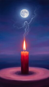 A mystical candle flame forming a spirit reaching towards the full moon