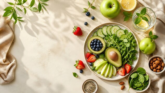 Healthy food composition with avocado, fresh vegetables, fruits, and nuts