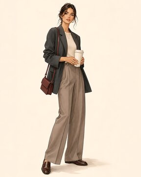 Fashionable young businesswoman in blazer holding coffee cup illustration