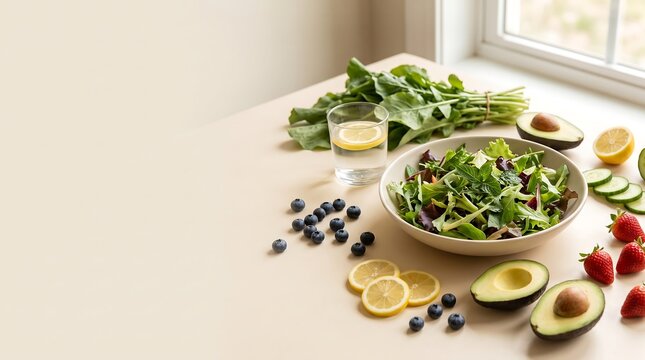 Healthy salad with fresh vegetables, avocado, berries, and lemon water