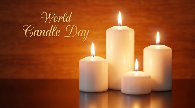 World candle day celebration with four glowing white candles on a wooden table