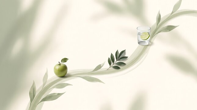 Green apple and a glass of water with lime on a decorative painted background