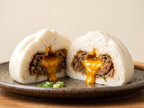 Steamed bun with minced meat and melting lava egg yolk on plate