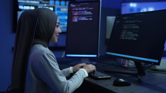 Muslim female developer wearing hijab coding on computer in modern office, Asian professional woman working on software development, Tech industry diversity and corporate programming business concepts