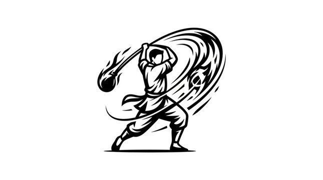 Black and white illustration of a martial artist swinging a flail weapon.