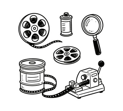 Hand-Drawn Collection of Vintage Cinema Film Equipment and Editing Tools