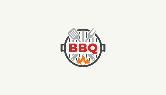 Classic barbecue grill logo design featuring crossed spatula and fork utensils over a bright orange fire and red text.
