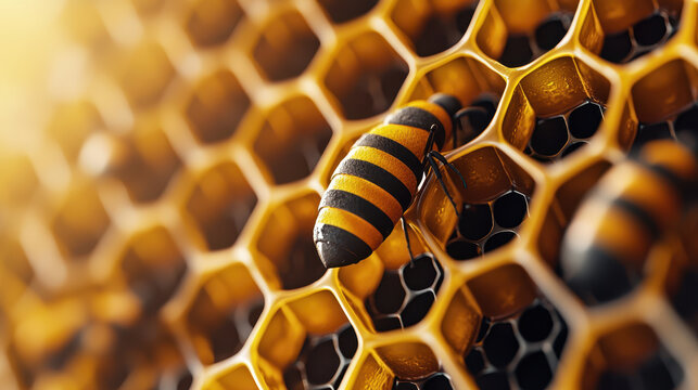 Close up view of honeycomb structure with bees, showcasing intricate hexagonal patterns and vibrant yellow and black colors. scene captures