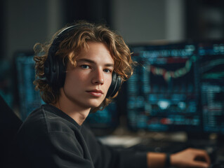 Portrait of a young male trader in a modern trading workspace © britaseifert