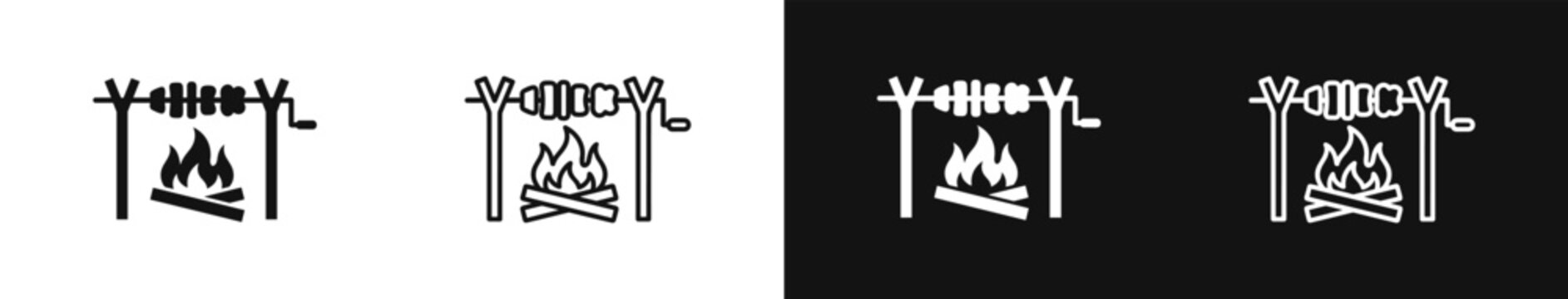 Roast spit fire icon vector set on black and white background