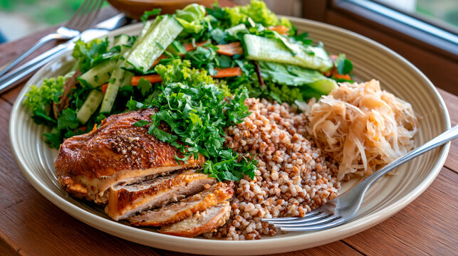 Healthy grilled chicken with buckwheat, fresh green salad and sauerkraut served on a plate as a balanced nutritious meal