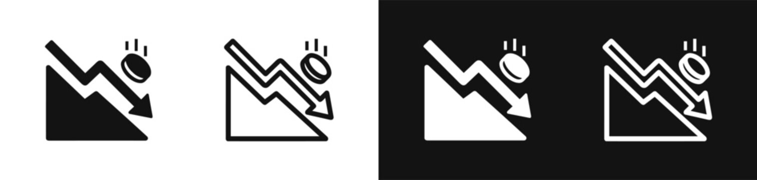 Economic downturn and falling coin graph icon set