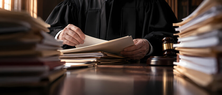 Judge reviewing legal papers between stacks of case files on a wooden desk, with a gavel beside the documents and a black robe behind the crowded foreground emphasizing a demanding judicial workload