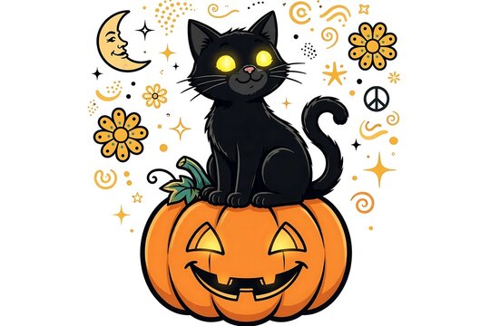 Black Cat Sitting On Jack O Lantern Pumpkin Glowing Eyes Boho Halloween, Generative AI.