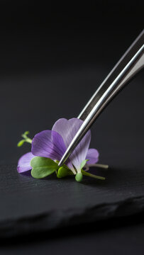 Precision culinary tweezers placing edible purple flower garnish on black slate plate