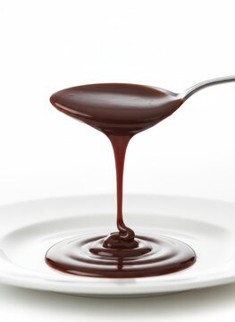 Thick glossy dark chocolate fudge sauce pouring from spoon onto white plate