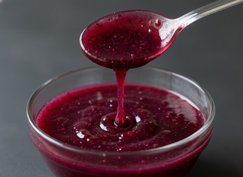 Thick berry reduction sauce dripping from spoon into glass bowl on dark background