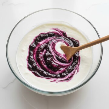 Top view of wooden spoon swirling blueberry sauce into Greek yogurt in glass bowl