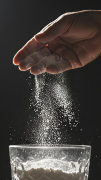 Baker hand sprinkling white flour powder into glass bowl on dark background