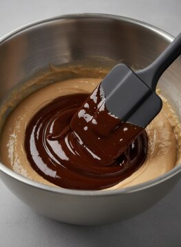 Black spatula folding glossy melted dark chocolate into brownie batter in steel bowl
