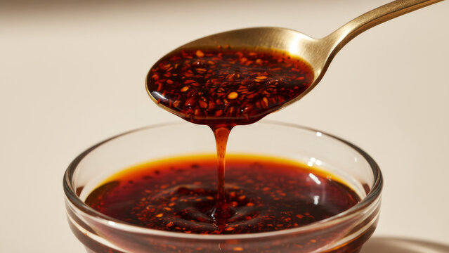 Brass spoon scooping red spicy chili oil with flakes dripping into glass bowl