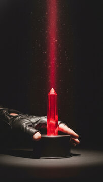 Hand in black glove holding glowing red crystal emitting vertical light beam on dark background