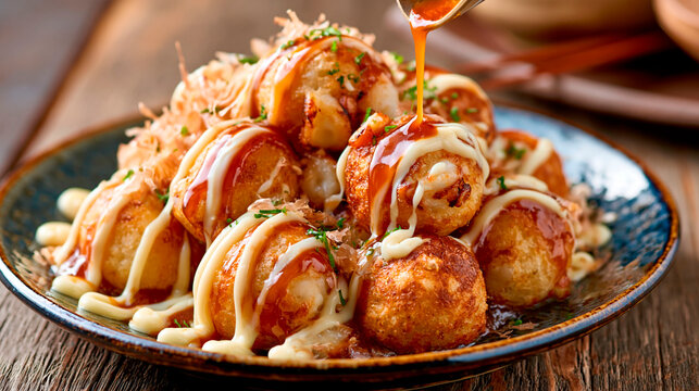 Japanese takoyaki octopus balls topped with savory sauce, mayonnaise and bonito flakes served hot on a plate as popular street food