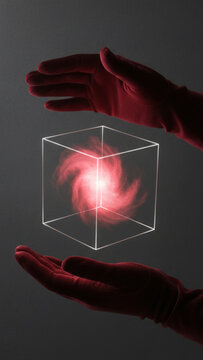 Hands in red velvet gloves holding floating glowing geometric energy cube on dark background