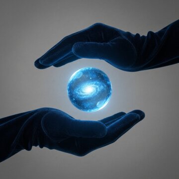Hands in blue velvet gloves holding floating glowing crystal galaxy energy orb