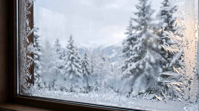A cabin window covered with delicate frost crystals overlooking snow covered evergreen trees in winter. The scene conveys seasonal accommodation, cold climate conditions, cozy cabin living, and nature