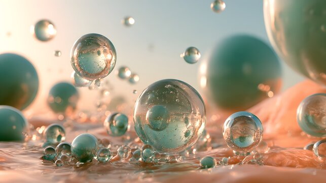 Soft mint green spheres suspended in water